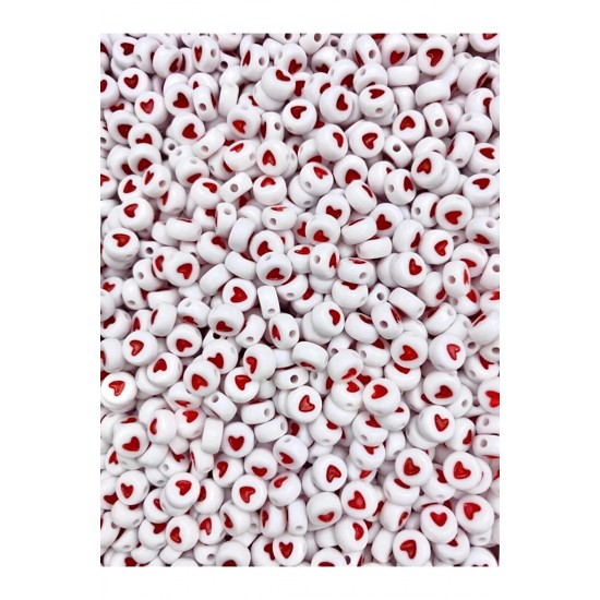 50gr 4x7mm Yassı Beyaz Üzeri Kırmızı Kalp Boncuk, Kalp Takı Yapım Boncuğu ~400 Adet