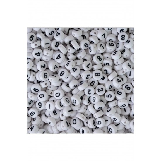 100gr Sayı Boncuk, 4x7mm Beyaz Zemin Üzeri Siyah Yassı Rakam Boncuk (100gr,~ 640adet)